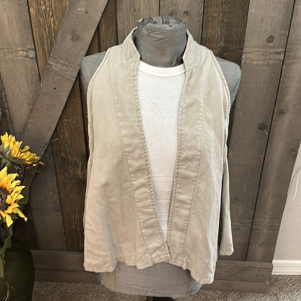 Free People Khaki Taupe Linen Blend Open Front Sleeveless Vest
